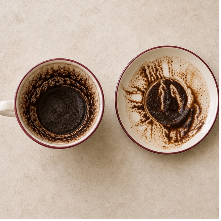 Example overhead photo of the cup and saucer with coffee grounds