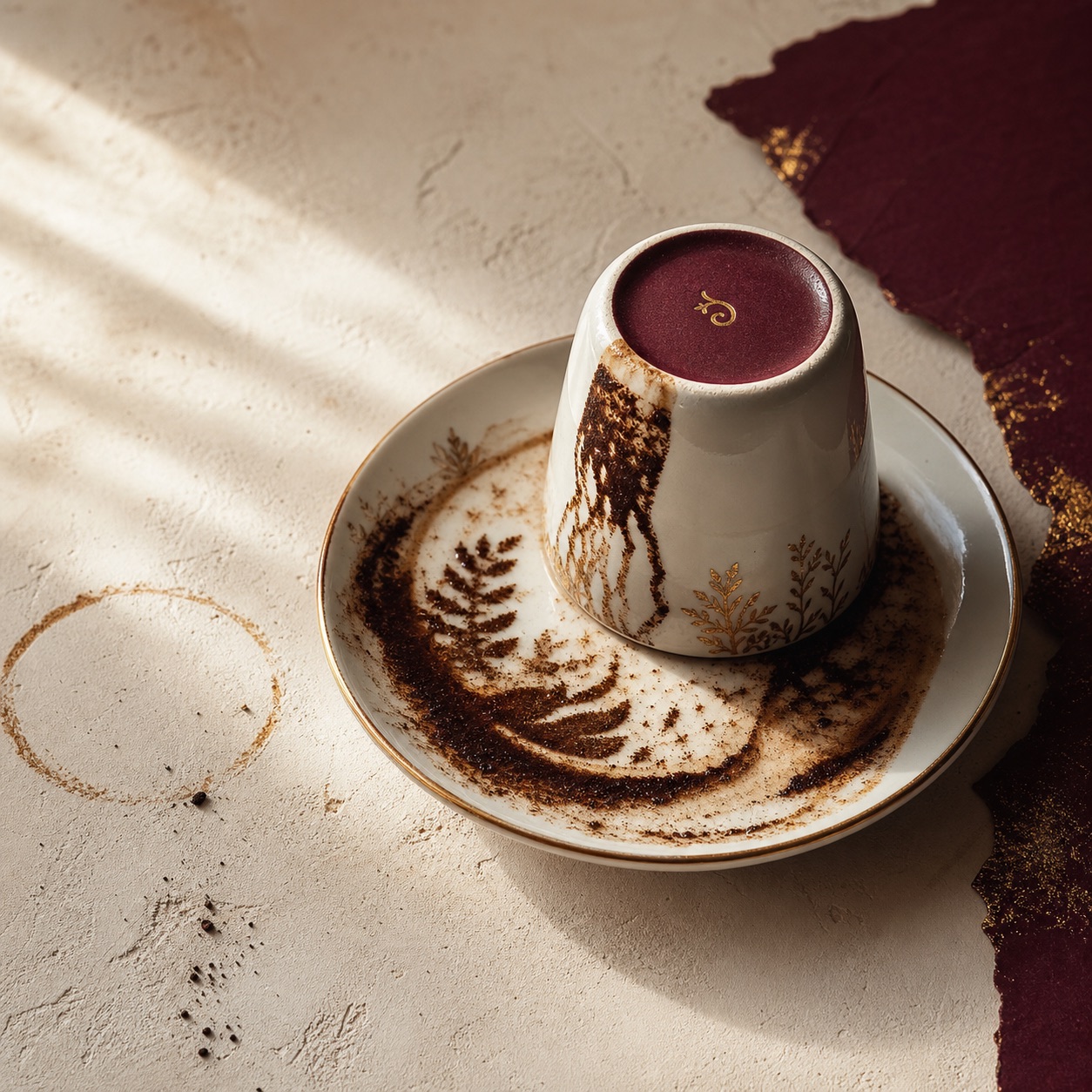 A traditional Turkish coffee cup turned on a saucer with coffee grounds